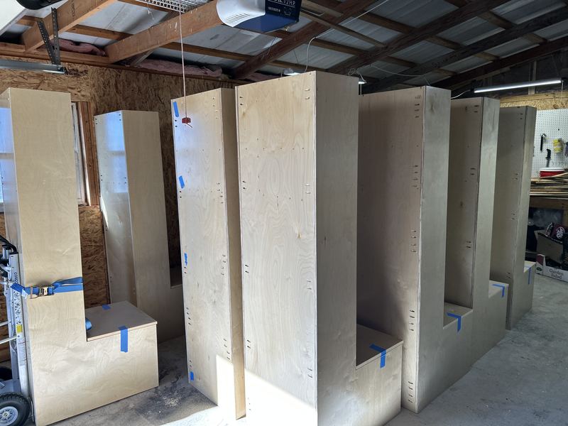 Finished lockers staged in the shop for delivery