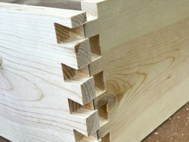 Close-up of a through-dovetail corner joint in light softwood